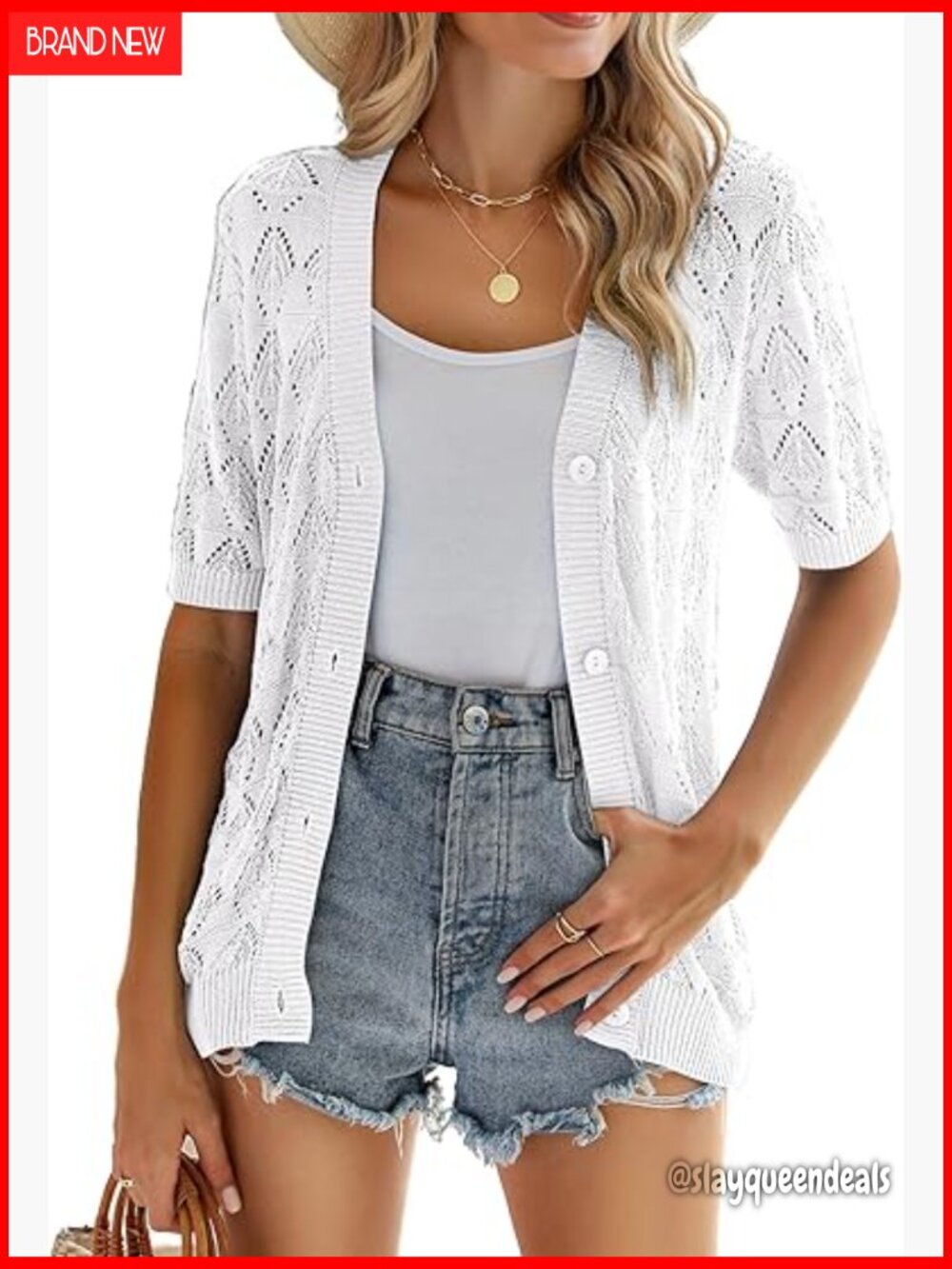 White Openwork Short-Sleeve Button Cardigan Sweater XXL
